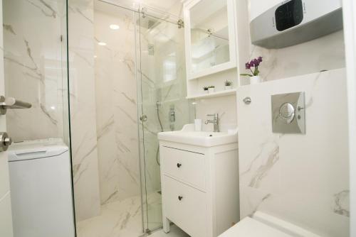 a white bathroom with a shower and a sink at Benvenuti DELUXE in Belgrade
