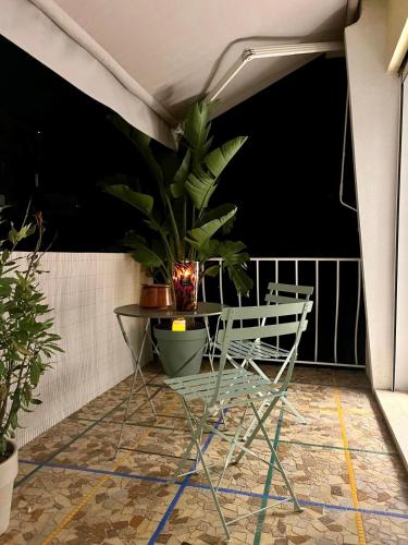 une plante assise sur une table sur un balcon dans l'établissement 4 bedroom house Le Cannet, au Cannet