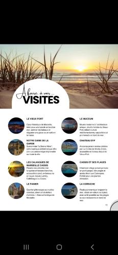 une page d'un site web avec une photo d'une plage dans l'établissement Maisonnette rénovée avec cour, clim et métro à 5 min, à Marseille