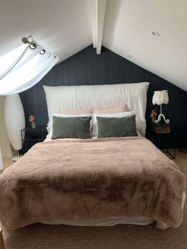 - une chambre avec un grand lit et 2 oreillers verts dans l'établissement Petite maison de charme avec extérieur proche gare, à Laval