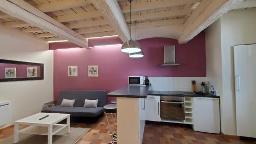 une cuisine et un salon avec un canapé et une table dans l'établissement REPUBLIQUE Centre, à Carcassonne