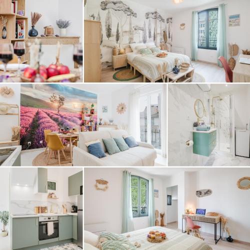 un collage de photos d'une chambre et d'un salon dans l'établissement Lavande Dorée, à Avignon