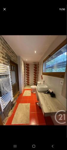 une salle de bain avec un lavabo et des toilettes et une fenêtre dans l'établissement Moulin de Sauvagette, à Saillenard