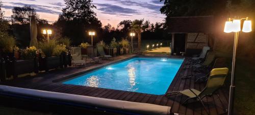 une piscine dans un jardin la nuit dans l'établissement Moulin de Sauvagette, à Saillenard