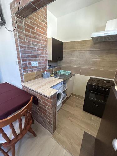 a kitchen with a counter and a brick wall at Apartmani Kasteljan 5,Stara Novalja in Stara Novalja