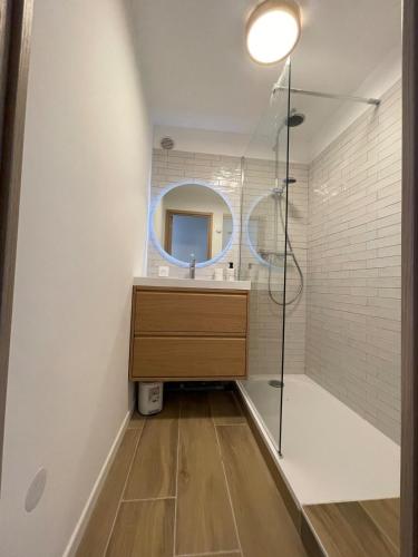 une salle de bain avec un lavabo et une douche dans l'établissement De la pinède a la plage vue mer, à Saint-Mandrier-sur-Mer