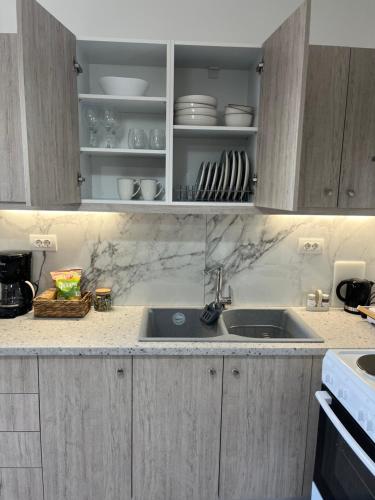 a kitchen with a sink and a counter at Sunny Rock Apartments in Asfendioú