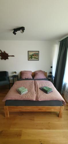 - un lit dans une chambre avec 2 oreillers dans l'établissement Moderne Ferienwohnung in Hahnenklee, à Hahnenklee