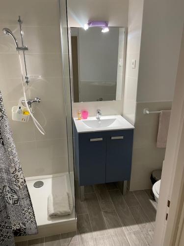 a bathroom with a blue sink and a shower at Mountain house Junac in Lapège