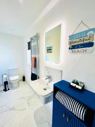 a bathroom with a sink and a toilet and a mirror at Tree View Studio in Ballycastle