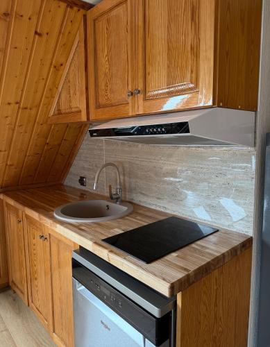 a kitchen with a sink and a stove and cabinets at Apartamentai Nidoje su vaizdu į marias in Nida