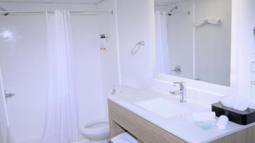 a bathroom with a sink and a toilet and a shower at Waterfront Inn PHL Airport in Essington