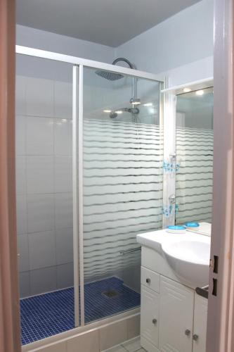une salle de bain avec une douche en verre et un lavabo dans l'établissement Appartement cosy à Port Camargue, au Grau-du-Roi