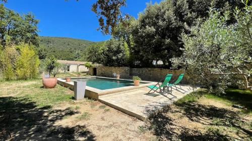 une piscine avec deux chaises et une table dans l'établissement Maison au pied du Luberon avec Piscine Privée et Terrain de Boules, à Lourmarin