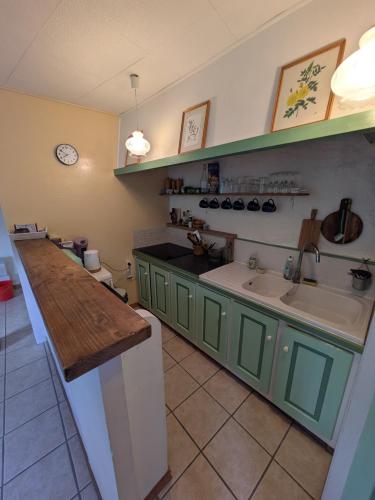 - une cuisine avec des placards verts, un évier et un comptoir dans l'établissement Maison Martina, à Castellane