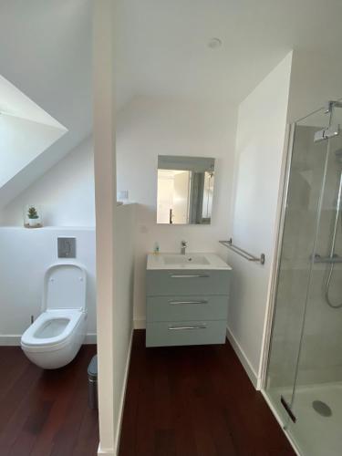 une salle de bain avec toilettes, lavabo et douche dans l'établissement La maison des prés, à Guérande