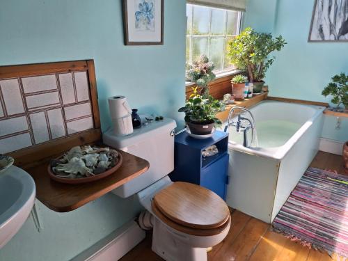 a bathroom with a toilet and a tub and a sink at 2 White Horse Cottages in Washford