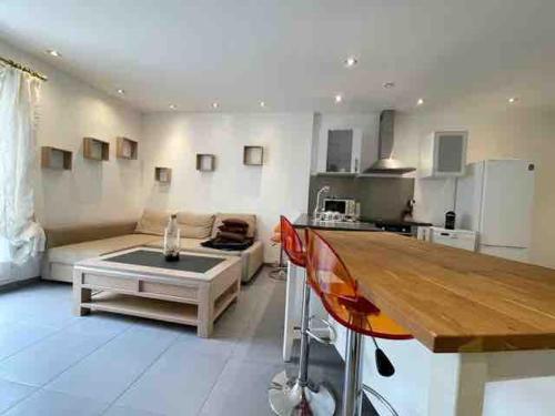 a kitchen and living room with a couch and a table at Villeurbanne Super Apartment in residence in Villeurbanne