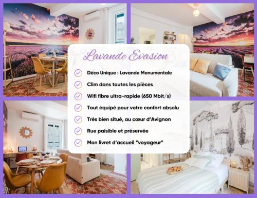 un flyer pour une chambre d'hôtel avec un lit et une table dans l'établissement Lavande Évasion, à Avignon