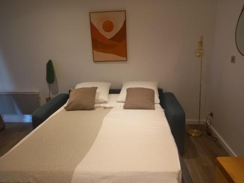 - un grand lit avec deux oreillers dans l'établissement Charmant studio Arlésien en bordure du Rhône, à Arles