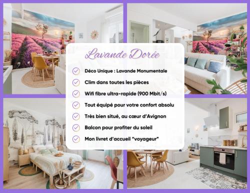 un collage de photos d'une chambre dans l'établissement Lavande Dorée, à Avignon