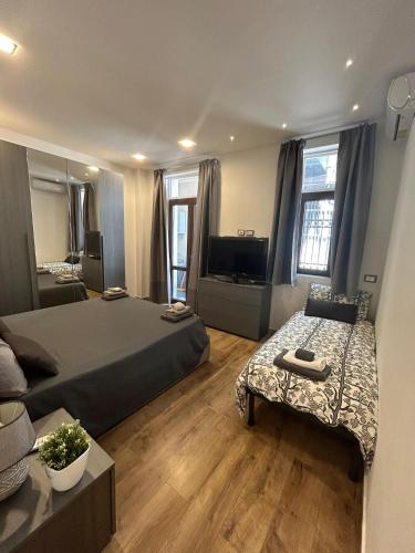 カターニアにあるYoreのベッド2台とテレビがあるホテルの部屋