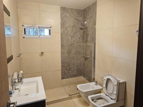 a bathroom with a shower and a toilet and a sink at Country house, pool and gazebo 1600 m2, max 7 people in Santa Ana