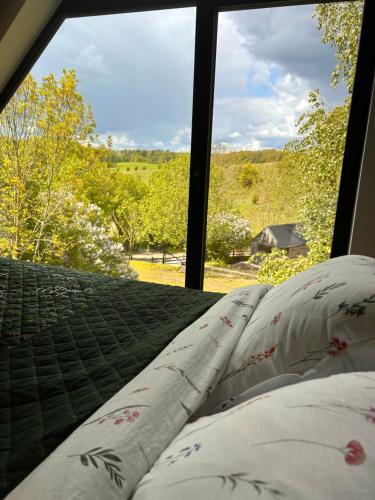 a bed with pillows in front of a window at Powidoki Mazury in Płociczno