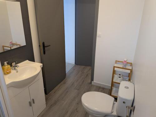une salle de bain avec des toilettes blanches et un lavabo dans l'établissement O'Bel Air 2, à Amboise