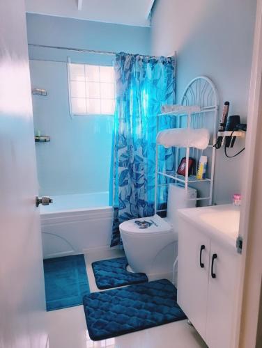 a bathroom with a toilet and a blue shower curtain at The KenEdrice in Kupuis