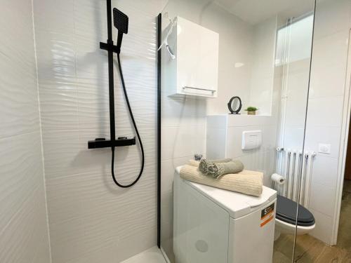 une salle de bain blanche avec douche et toilettes dans l'établissement Charmant studio proche mer, à Roquebrune-Cap-Martin