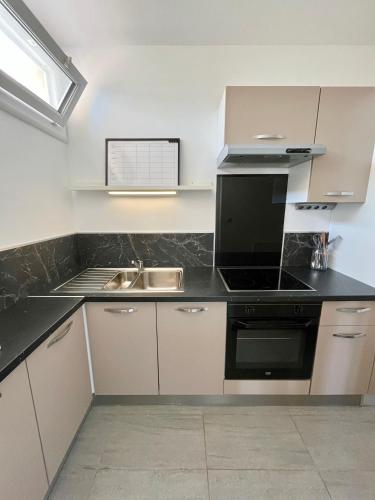 une cuisine avec un évier et une cuisinière four supérieur dans l'établissement Le Chasse Royal - Calme & Lumineux - Centre du Mans - Parking Privé, au Mans