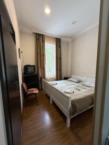 a bedroom with a bed and a tv and a window at Hotel Meidani in Borjomi
