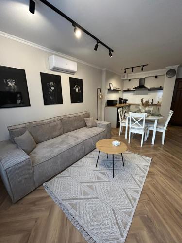 una sala de estar con un sofá y una mesa en Apartament Kosynierów, en Przemyśl