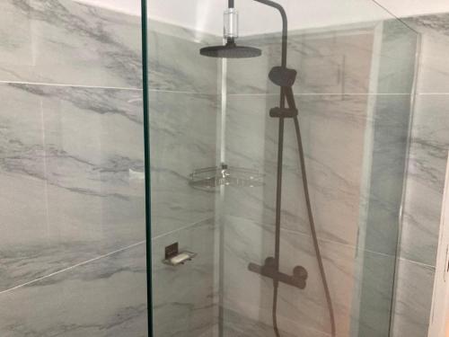 a shower with a glass door in a bathroom at Peanut Cottage Bulawayo in Bulawayo