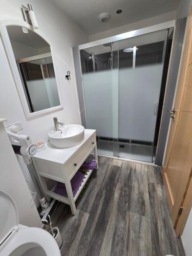 a bathroom with a sink and a shower at Au fil du bois in Contrexéville
