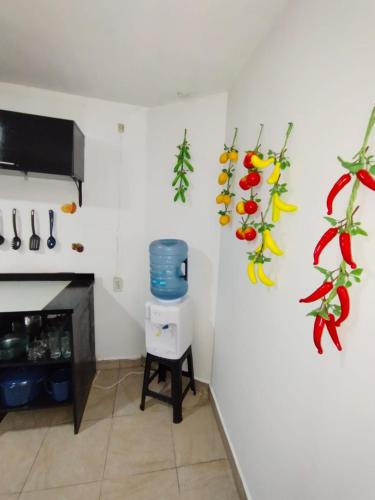 a kitchen with a stove and some decorations on the wall at Hospedaje Casa Azul in Mexico City