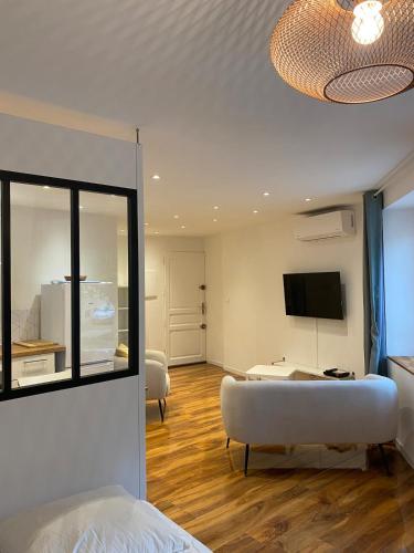 - un salon avec un lit, un canapé et une télévision dans l'établissement Studio Cosy, à Pélissanne