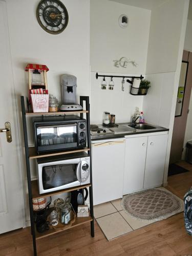 une petite cuisine avec une cuisinière et un micro-ondes dans l'établissement Studio gare, à Rouen