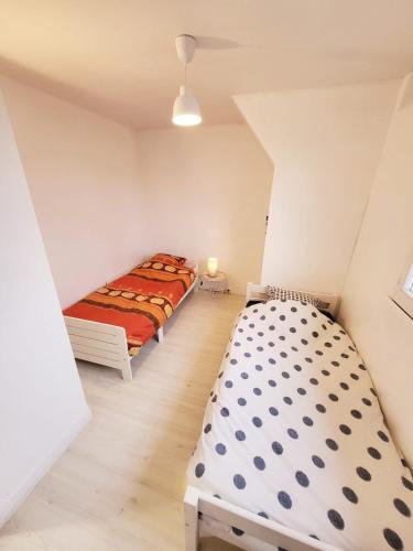 une chambre avec deux lits dans un grenier dans l'établissement Grand pavillon avec jardin, à Tremblay-en-France