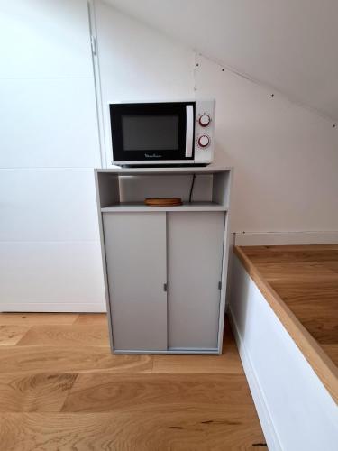- un four micro-ondes installé au-dessus d'une étagère dans l'établissement Studio 2 rénové balcon garage, à Bordeaux