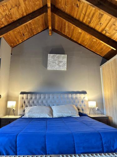 a large blue bed in a bedroom with wooden ceilings at Los ciruelos - Casas de Motaña in Tafí del Valle