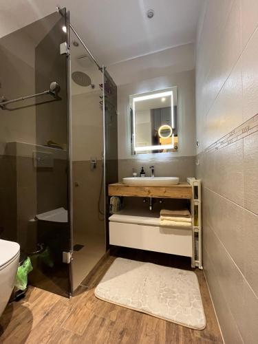 a bathroom with a sink and a shower at Stipos Apartment in Koper