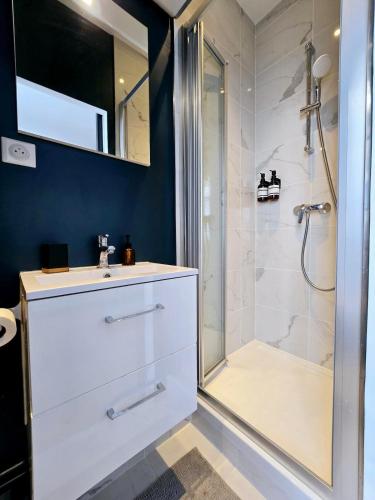 une salle de bain avec un lavabo et une douche dans l'établissement Le Petit Cabourg, à Cabourg
