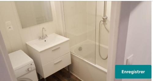 une salle de bain avec un lavabo, des toilettes et une douche dans l'établissement Appartement Cannes Centre avec terrasse, à Cannes