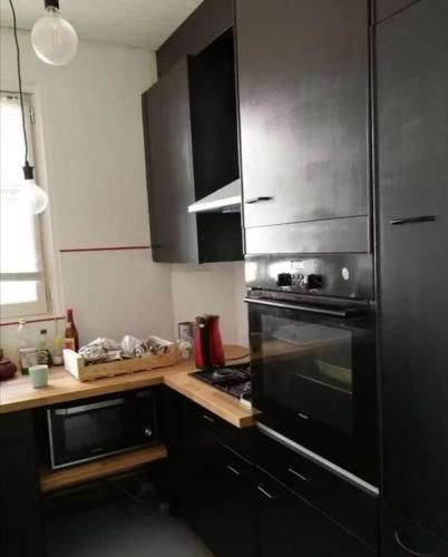 Il comprend une cuisine équipée d'une cuisinière et d'un réfrigérateur noir. dans l'établissement Nice haussmannian apartment in Paris, à Paris