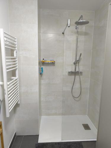 une salle de bain avec une douche avec une porte vitrée dans l'établissement Studio calme et paisible, climatisé avec terrasse au dernier étage, 100m du tramway et 20 min de la promenade des anglais, à Nice