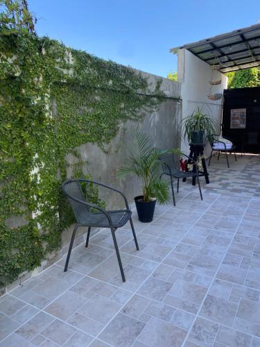 a patio with chairs and a wall with plants at Little Room Airport By Merengue House in Monte Adentro