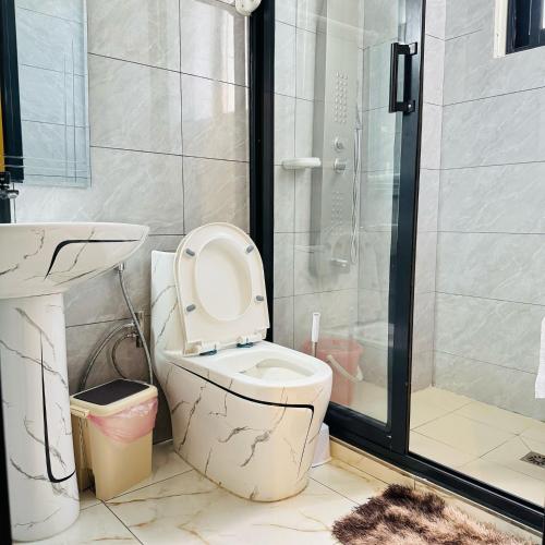 a bathroom with a toilet and a shower at Cité La Vie in Douala