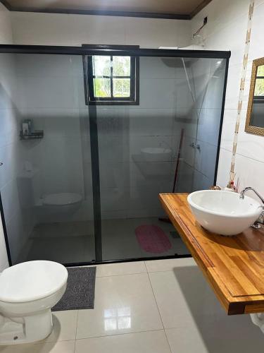 a bathroom with a toilet and a sink and a shower at Recanto Amado in Araucária